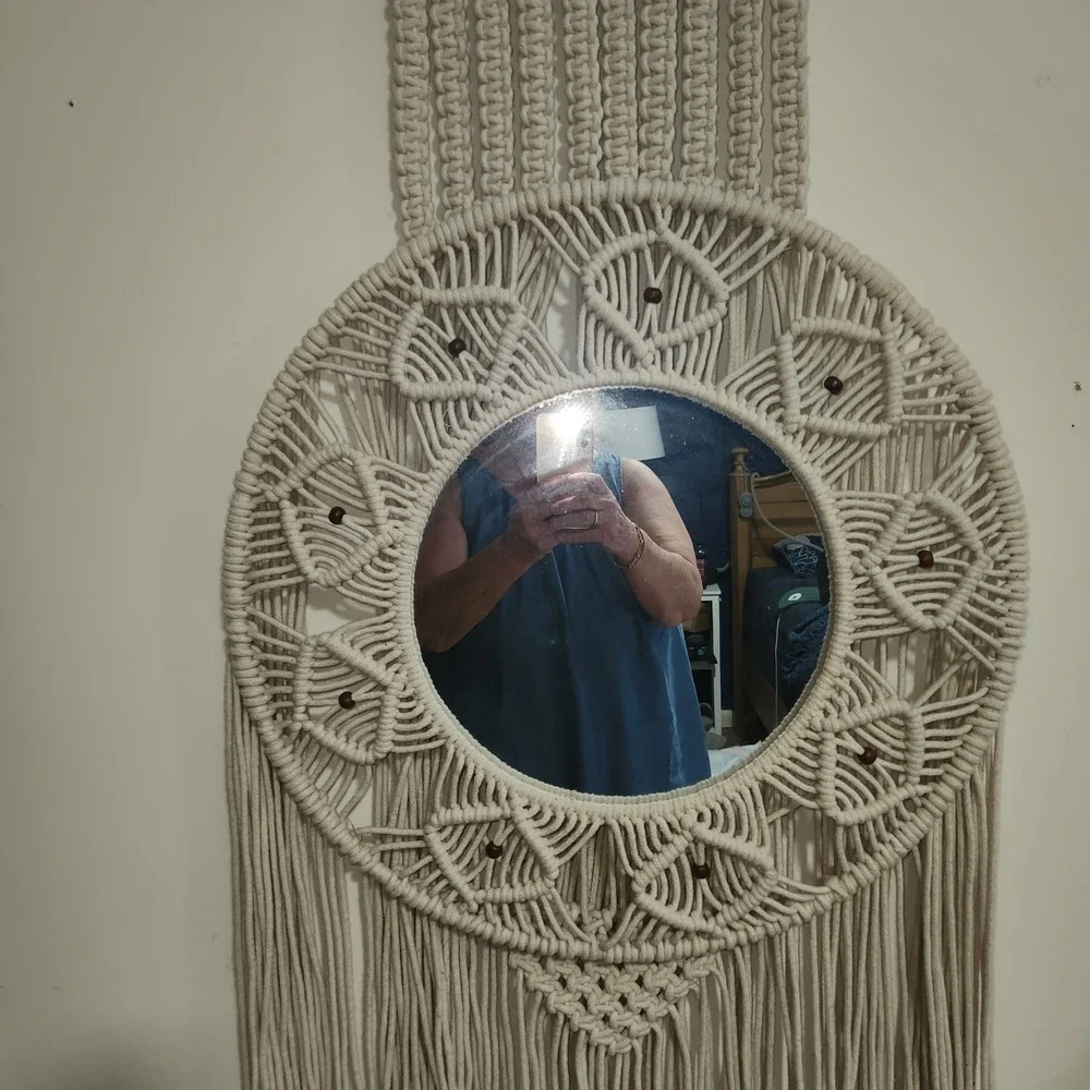 Large Boho Macrame Wall Hanging Mirror Cream Cotton Fringe 20x58 Wood Bead Decor